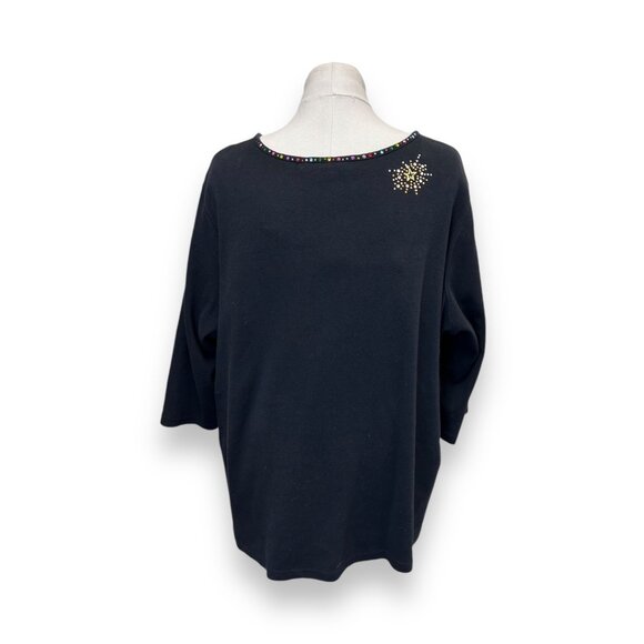 Quacker Factory Womens Angel Studded 3/4 Sleeve Top Cotton Holiday Shirt Blck 2X - Picture 5 of 10